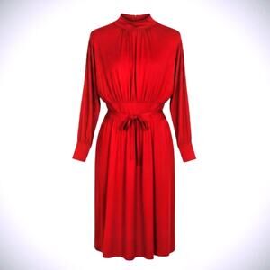 Pauline Trigere Red Wool Jersey Midi Dress Mock Neck Belted Vintage Size 6